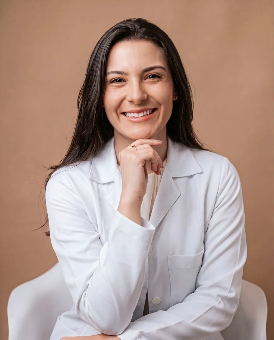 Retrato de Maisa Palma, sorrindo e com a mão apoiada sob o queixo.